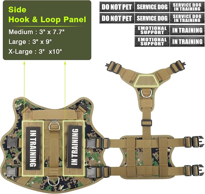 Tactical Dog Harness with Dog Leash, Service Working MOLLE Vest with 10 Pet Patches for Dog, No Pull Military Harness and Backpack for Training Hunting Walking