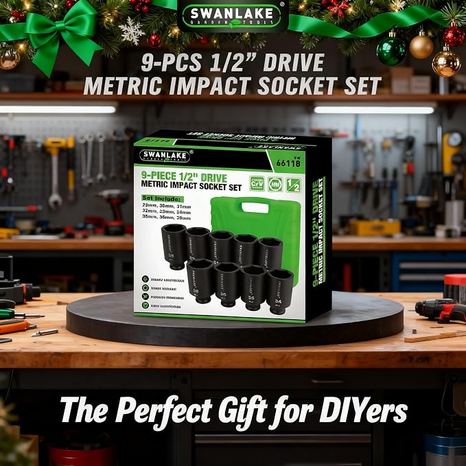 SWANLAKE 9-Piece 1/2" Impact Axle Nut Socket Set, Deep Metric Large Socket Set, 29mm 30mm 31mm 32mm 33mm 34mm 35mm 36mm 38mm, Cr-V Spindle Joint High Torque Wheel Nut Sockets