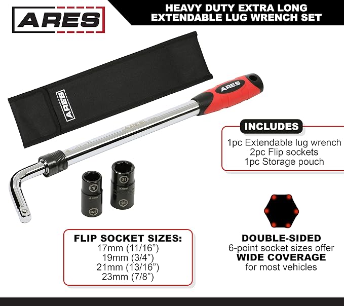 ARES 57001 Telescoping Lug Wrench, Extends 17.5-23.5 Inches | High-torque design; includes 2 double-sided 6-point sockets for broad vehicle coverage.