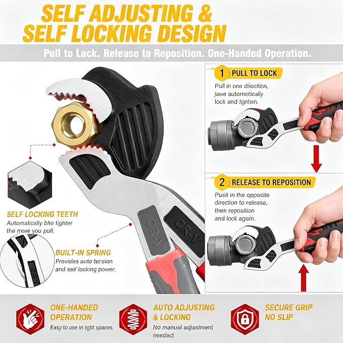 Self Adjusting Pipe Wrench, 6” 8” 10” 12" Pipe Wrench Set, Plumbers Wrench with Self Tightening Function for 9/32" to 1-11/16" (7-43mm) Pipe Fittings, Standard Nuts and Irregular Nut