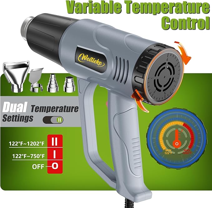 Heat Gun 212~1202℉ Dual-Lvel Temperature Control 4 Nozzles Overload Protection for Crafting, Shrink Tubing, Vinyl Wrap, Shrink Wrap,5Ft Power Cord (Shink Tube Kit(10Ft))