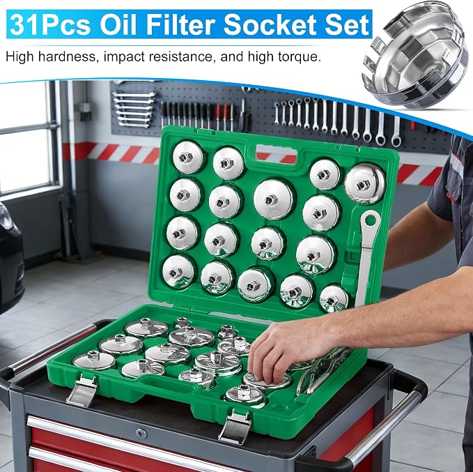 35PCS Oil Filter Wrench Set, 1/2" Drive Cup Type, Stainless Steel | 35PCS oil filter wrench set, stainless steel, 1/2" drive, cup type, with drain plug sockets, fits most cars & SUVs.