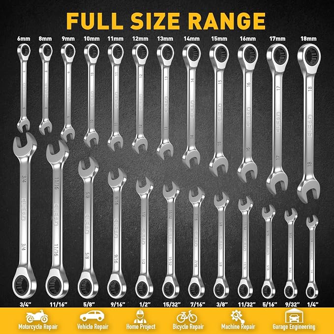 ELEAD 24-Piece Ratcheting Wrench Set, Metric 6-18mm & SAE 1/4"-3/4", 12-Point 72-Tooth CR-V Steel Combination Wrenches with Tool Roll Bag and Magnetic Wrench Organizer for Automotive Repair