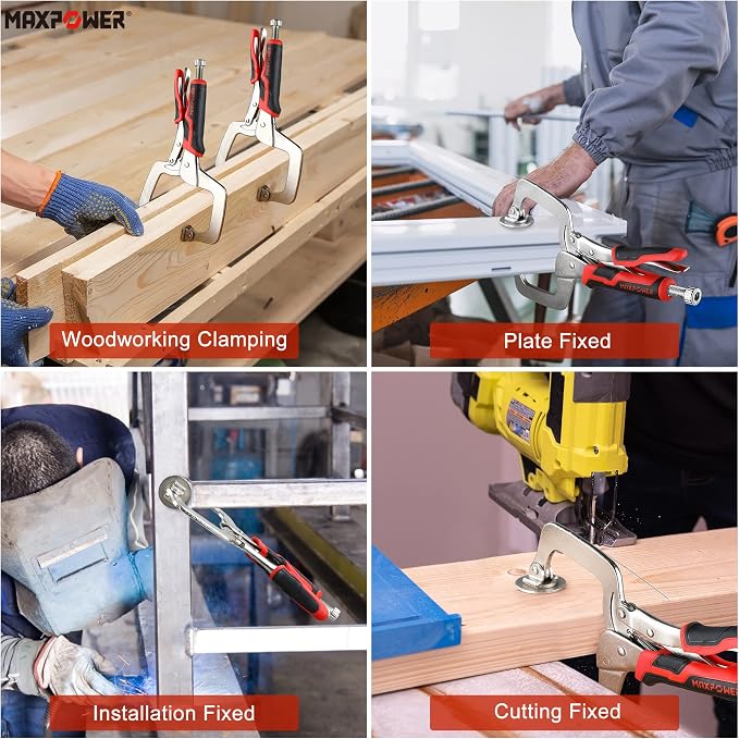 MAXPOWER 11-Inch Locking C Clamp Set, 2 Pack Metal Face Clamp with Large Flat Swivel Pads, Adjustable Heavy Duty C Clamps Locking Pliers for Woodworking, Carpentry, Cabinetry, Welding and Repair