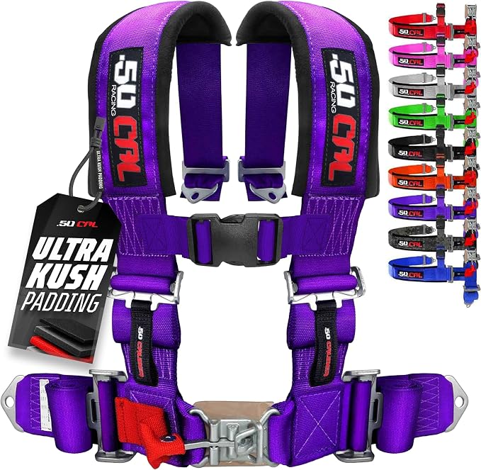 1pc 50 Cal Purple 4pt 4 Point Harness 3" straps, Racing Harness Seat Belt | Ultra Kush padding, Push Button quick release hardware. Universal Fit for UTV, RZR, race car