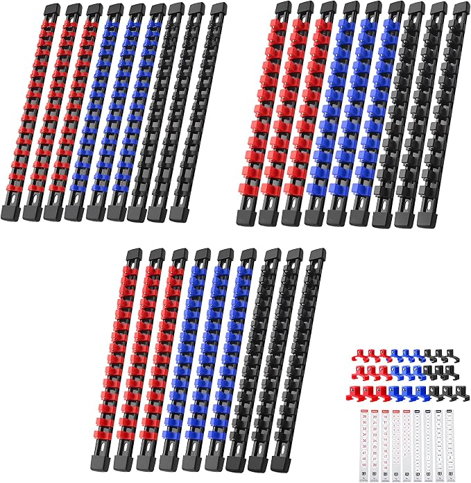 Reniteco 27-Pack Socket Organizer Set, 1/4" x 144 3/8" x 90 1/2" x 72 Clips | 306 Clip Capacity, Havy-Duty ABS Socket Rails, Removable Clips, Drive Socket Storage, Toolbox Drawer or Wall Mount