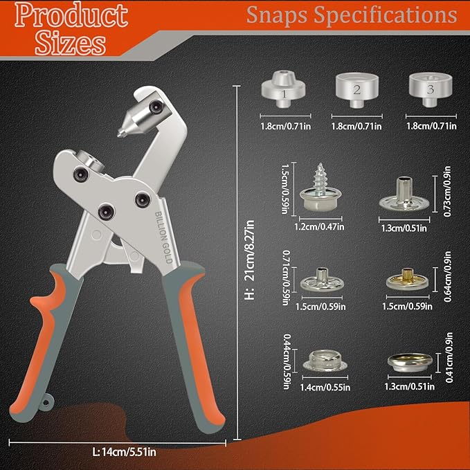 Snap Fastener Tool, BILLION GOLD Canvas Snap Kit, Heavy-Duty Snaps Tool for Boat Covers, Canvas, Leather, Tarps - 20 Sets Snap Buttons