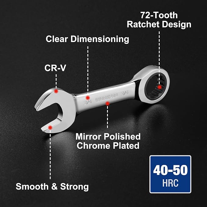 WORKPRO 14-Piece Ratcheting Combination Stubby Wrench Set, 72 Teeth, Combo Ratchet Wrenches Set with Organizer Box, SAE 3/8-3/4" & Metric 10-18mm