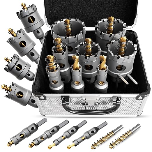 10 PCS (1/2" to 1-7/8") Carbide Hole Saw Kit for Metal - Heavy Duty TCT Hole Cutter Drill Bits Set with Titanium Pilot & L-Wrench, for Stainless Steel,Iron,Aluminum, Metal