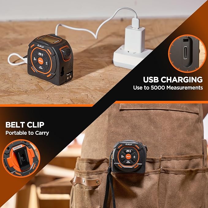 Laser Tape Measure 2-in-1, 197Ft Laser Distance Meter & 16Ft Digital Tape Measure, with LCD Display, Pythagorean Mode, Area/Volume Calculation, USB-C Rechargeable for Woodworking and Construction