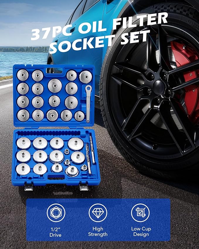 Orion Motor Tech Oil Filter Wrench Kit, 37pc Oil Filter Socket Set with 32 1/2" Drive Sockets, 2 Chain Wrenches & Drive Wrench, Oil Filter Removal Tool Compatible with Volvo BMW Ford Toyota GM Honda