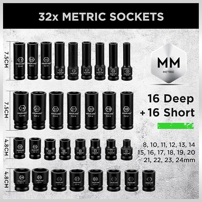 SWANLAKE 1/2" Drive Impact Socket Set, 66-Piece Standard SAE (3/8"-1-1/4") and Metric (8-24mm) Size, 6 Point, Cr-V, 1/2-Inch Drive Ratchet Handle, Extension Bar, Impact Universal Joint