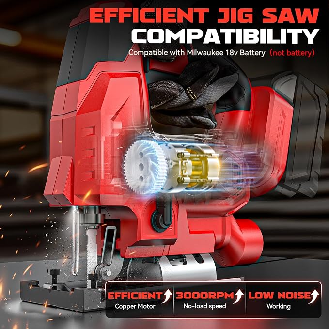 Ecarke Cordless Jig Saw Compatible With Milwaukee 18V Battery, 4 Orbital Sets, 6 Variable Speeds Control, Dust-Blowing, ±45° Bevel Cuts, LED Light & 6PCS Blades for Straight Curve Cutting, Tool Only
