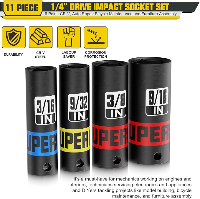 11 Piece 1/4" Drive Impact Socket Set, 5/32" - 9/16" Deep Socket, SAE, 6 Point, CR-V, Auto Repair Bicycle Maintenance and Furniture Assembly