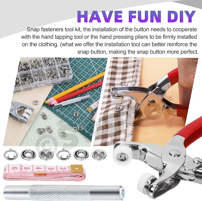 Swpeet 100 Sets 9.5mm/0.37" Silver Hollow Metal Snaps Buttons with Snap Fasteners Pliers Pull Crayons Tape Measure Assortment Kit, Leather Snap Button Fasteners Tools Kit for Clothing Sewing Crafting