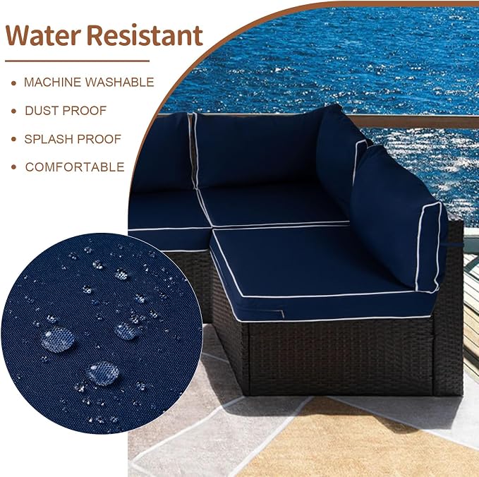 14 Piece Outdoor Patio Cushion Covers Replacement, Waterproof Outdoor Furniture Cushion Covers, Fit 7 Pcs 6 Seater Wicker Rattan Conversation Sofa Set, Navy Blue+White Piping(Only Cover) 25.6x25.6"