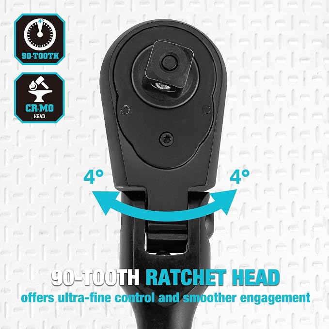 DURATECH 1/2-Inch Flex-Head Ratchet, 90-Tooth Quick-Release Ratchet Wrench | Socket Wrench with 180° Pivoting Head and 7-Position Setting, Reversible, CR-V Made, CR-MO Head, Black Mn Phosphate Finish