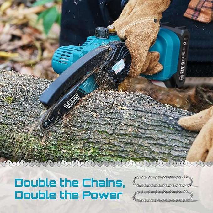 SEESII 6-Inch Mini Chainsaw Cordless with Oiler System | 2x2000mAh Batteries, Handheld Electric Chain Saw with Safety Lock, Battery Powered Chainsaw for Wood Tree Cutting, M6 Plus
