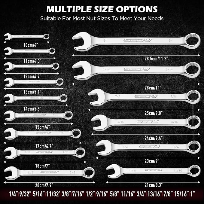 15-Piece SAE Combination Wrench Set, 1/4''–1'' 12-Point Open End and Box End Wrench Kit with Organizer, Chrome Vanadium Steel Tools for Mechanics, Garages and Workshops