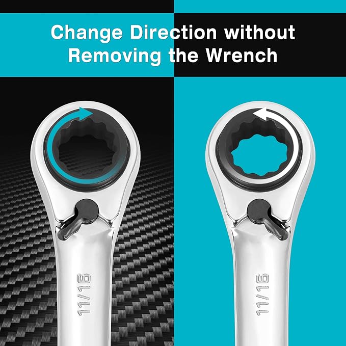 DURATECH 4-in-1 Reversible Ratcheting Box Wrench Set, SAE, 2-Piece | Double Box End, 5/16, 3/8, 7/16, 1/2-INCH & 9/16, 5/8, 11/16, 3/4-INCH, CR-V Steel, Matte Chrome Plated, Rolling Pouch