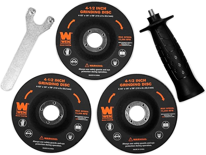 WEN 94475 7.5-Amp 4-1/2-Inch Angle Grinder with Reversible Handle, Three Grinding Discs, and Carrying Case, Black,orange