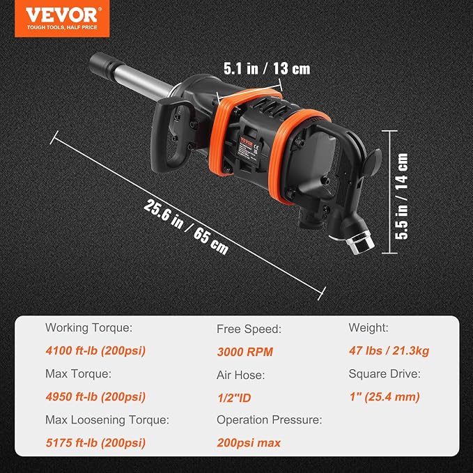 VEVOR 1 Inch Air Impact Wrench, Up to 5175 ft-lbs Beast Reverse Torque Output Pneumatic Impact w/ 8 Inch Anvil for Heavy Duty Machinery/Semi-Truck/Bus | Pneumatic Impact Gun with 8 Inch Anvil, Forward/Reverse Control, for Heavy Duty Machinery, Semi-Tru...