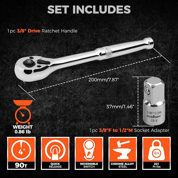 HORUSDY 3/8" Drive 90T Quick-Release Ratchet Handle, Reversible, Chrome Alloy Made, Full Polished, Includes 3/8" to 1/2" Socket Adapter, Ideal for Auto Repair, Home & Industrial Use