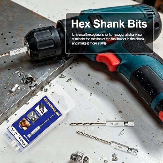 3/32 Drill Bit for Metal(10Pcs),M35 Cobalt Hex Shank Quick Change Twist Impact Drill Bit Set,with Storage Case