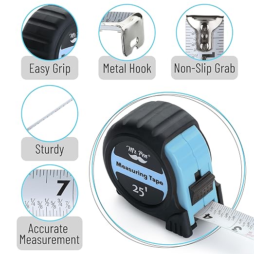 Mr. Pen- Retractable Tape Measure 25 ft, 2 Pack, Sky Blue, Easy Read, Steel Retractable Measuring Tape with Fractions, Ideal for Construction & DIY Projects