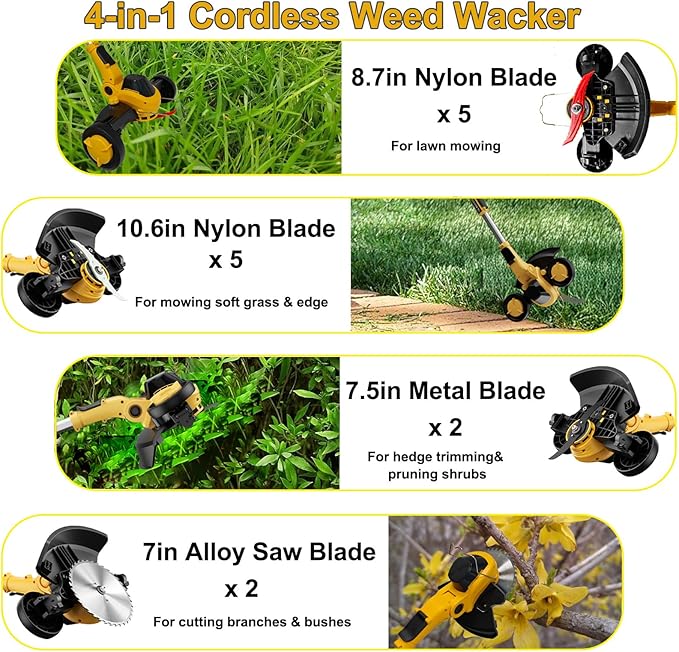Electric Weed Wacker Eater Cordless Brush Cutter Battery Powered Weed Trimmer with Wheels 4 in 1 Brushless GrassTrimmer/Lawn Edge Compatible with Dewalt 20V Battery(Battery Not Included)