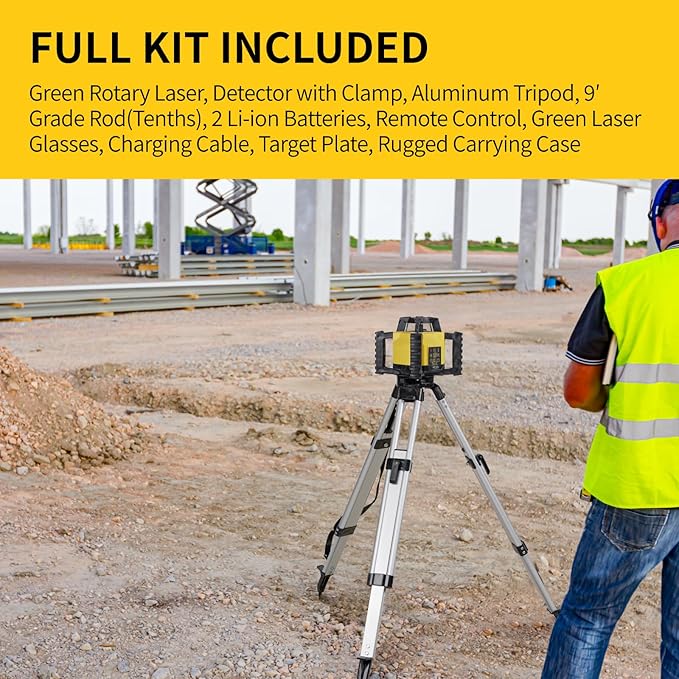 Firecore Green Self-Leveling Rotary Laser Level Kit, Horizontal/Vertical with Plumb Spot, 1969-Foot Range, IP55 Rated, Includes Tripod, Grade Rod, Receiver, 2 Batteries, Carrying Case, and Accessories