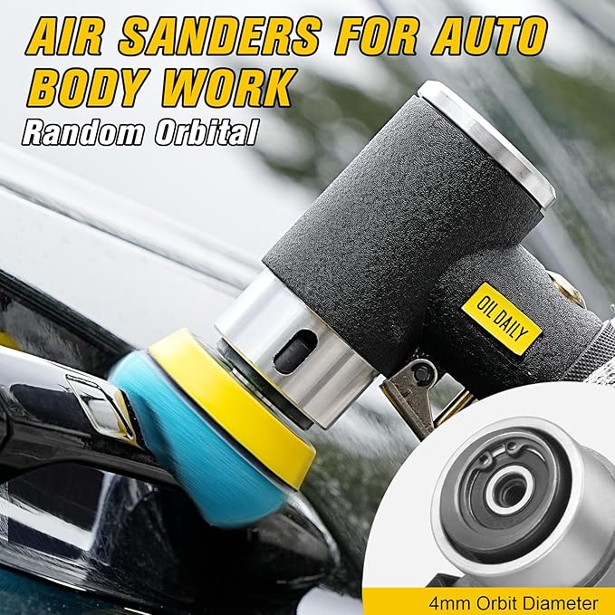 SI FANG 1'' 2'' 3'' Mini Random Orbital Air Sander Kit, High Speed Pneumatic DA Sanders Polisher for Auto Body Work, Includes 27Pcs 1/2/3in Polishing Sponge & Wool Pads, 15Pcs Sandpapers (Black)