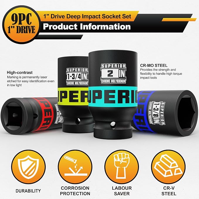 9 Piece 1" Drive Deep Impact Socket Set, 1" - 2" Jumbo Socket, SAE, 6-Point, Heavy Duty CR-MO, Truck Tire Service, Mechanical Equipment Maintance