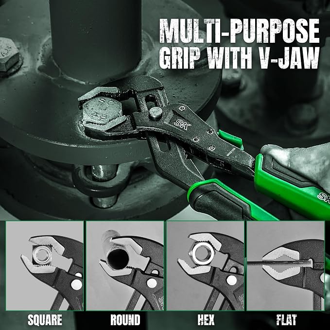 SK 8'' Quick Adjust Water Pump Pliers, SureGrip V-Jaw Groove Joint Pliers | Premium CR-V Steel, Ergonomic Anti-slip Handle for Comfortable Grip
