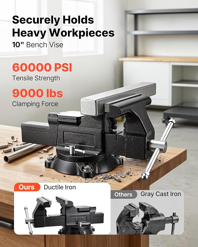 VEVOR Heavy Duty Bench Vise, 10" Jaw Width, Multi-Purpose Ductile Iron Bench Vise with Anvil and 360-Degree Locking Swivel Base, 4.3" Throat Depth, 10" Max Jaw Opening, for Drilling, Pipe Cutting