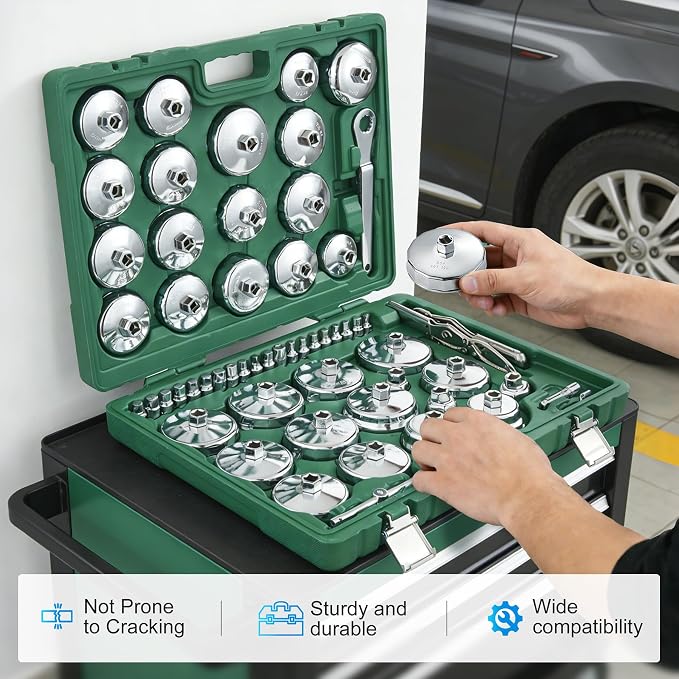 58PCS Oil Filter Wrench Set Stainless Steel 1/2" Drive Cup Remover Tool | Type Remover Tool with Drain Plug Sockets for Car, SUV(Green)