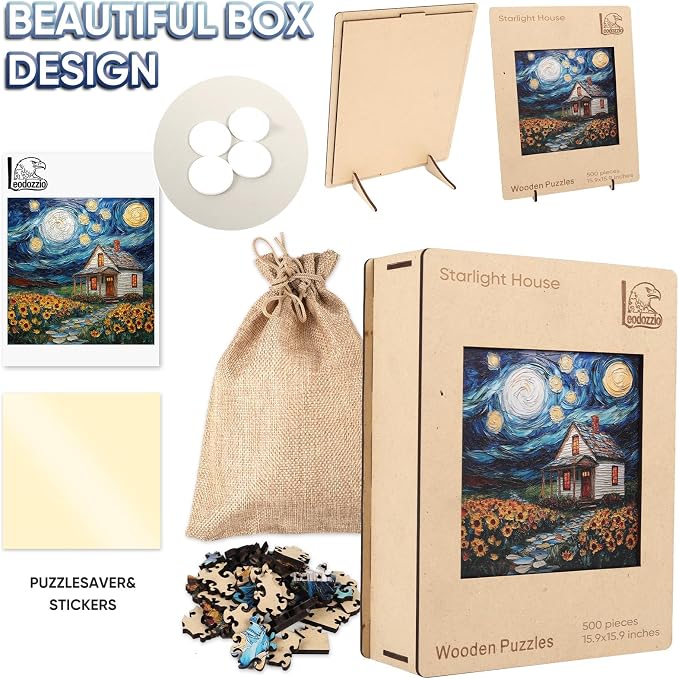 Leodozzio 1000Pcs Wooden Jigsaw Puzzle Starlight House WallDecor 19x19in | 5mm think safe wood,hand-painted unique shape pieces,Starlight House art Decor,relaxing brain teaser,Gift for Adults&Teens