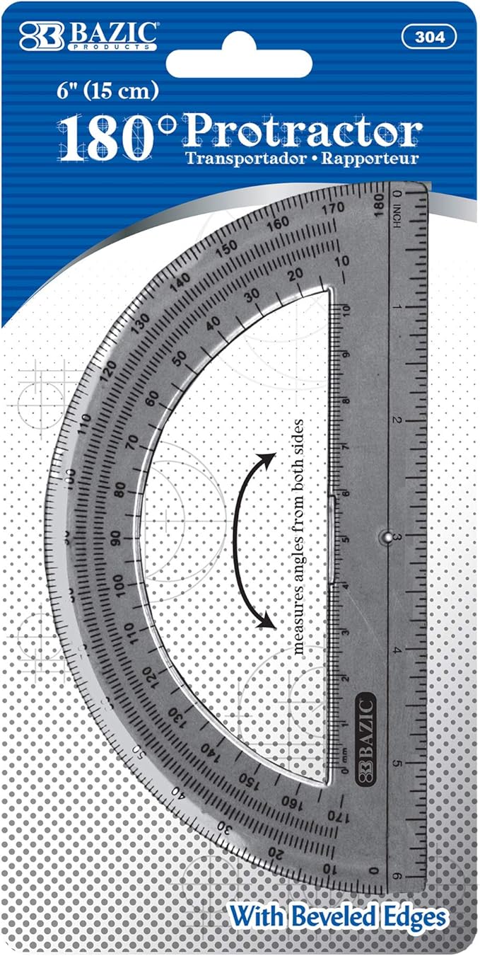 BAZIC Protractor Semicircular 6 Inch 180 Degrees, Plastic Math Protractors, Geometry Measuring Rulers Set, Clear Ruler for Students, 1-Pack