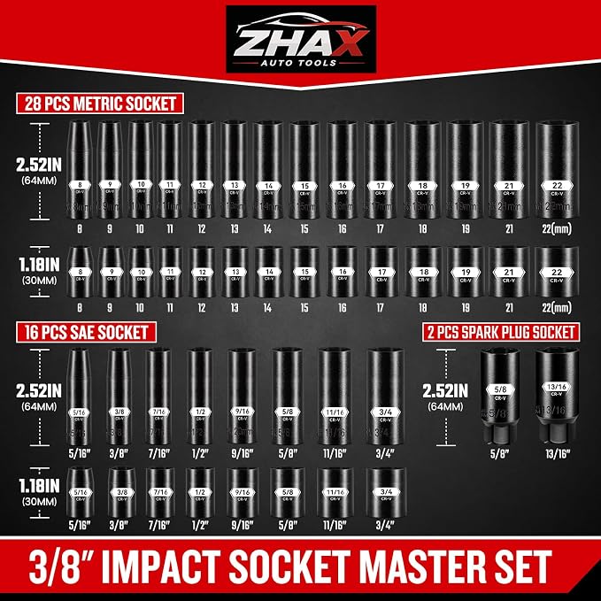 ZHAX 3/8 Inch Drive 6 Point Impact Socket Set, 72 PCS Standard SAE(5/16"- 3/4") & Metric(8-22mm) With Spark Plug, Deep & Shallow, 72T Wrench Ratchet Tool Kit,Cr-V With Heavy Duty Storage Case