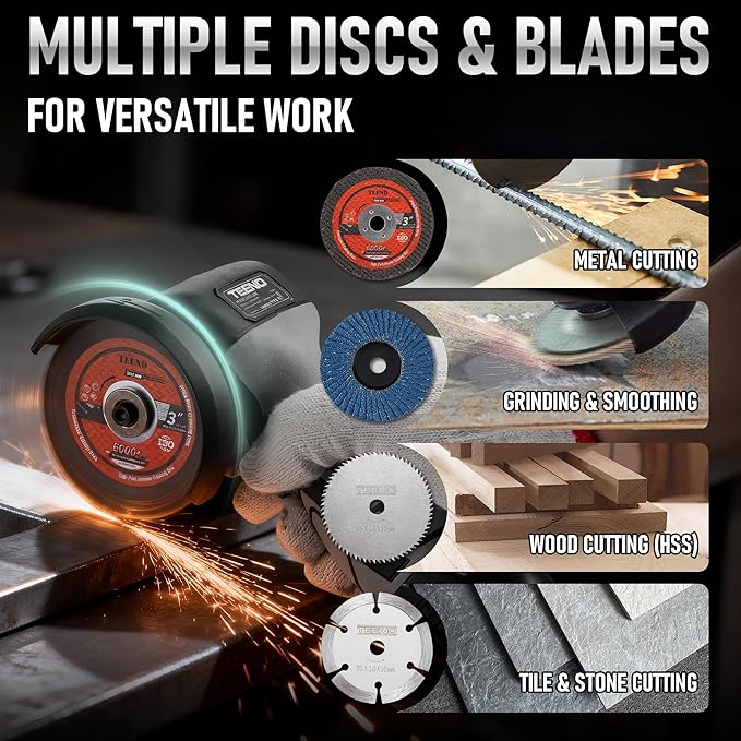 TEENO Cordless Angle Grinder Kit, 19,500 RPM Mini Handheld Grinder Tool with 2x 16.8V 2000mAh Batteries & 6 Discs, 3-Inch Cut-Off Grinder for Metal, Wood Cutting, Grey