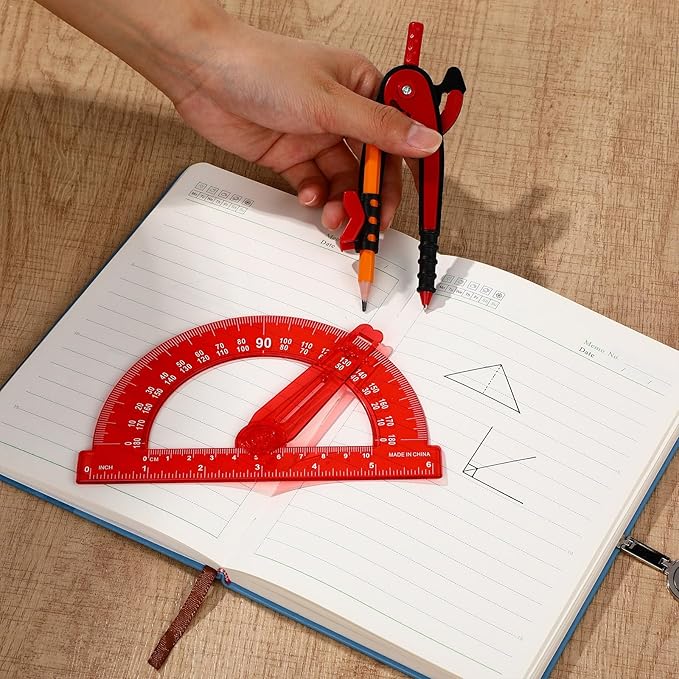 Zonon Student Protractor and Compass Set, Student Geometry Math Set Drawing Compass and 180 Degree 6 Inch Protractor with Swing Arm for Drawing Measuring School Office(Red)