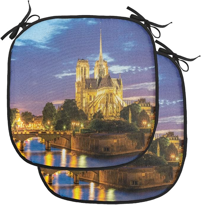 Lunarable Paris Chair Cushion Pads Set of 2, Notre Dame at Dusk Paris France Riverside Scenery Water Reflection, Anti-Slip Seat Padding for Kitchen & Patio, 16"x16", Yellow Brown Blue