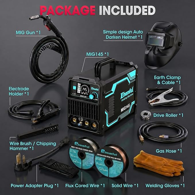 145A 4-in-1 MIG Welder,110V/220V Dual Voltage Gas MIG/Flux Core MIG/Lift TIG/Stick Multiprocess MIG Welding Machine, Portable IGBT Inverter with Synergic Control & Auto Darkening Helmet，Gloves
