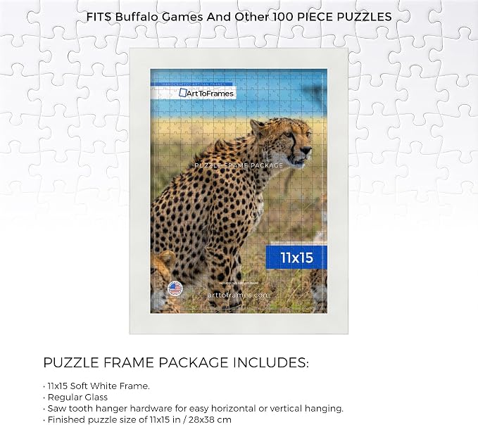 ArtToFrames Puzzle Frame for Buffalo Games 100 Piece Jigsaw Puzzles, 11x15 Inch (28x38 cm), Soft White Engineered Wood with Regular Glass, Ready to Hang Puzzle Display