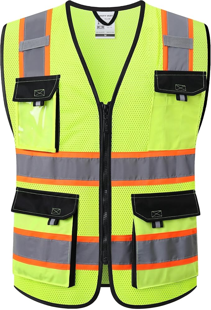JKSafety Hi Vis Reflective Safety Vests for Men Women High Visibility Vest with Pockets Mesh Fabric Construction Safety Apparel Neon Vest for Work (220-Yellow 5XL)