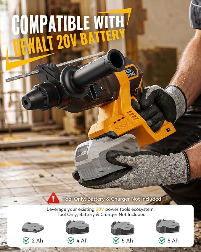 MtiolHig 1" SDS-Plus Cordless Rotary Hammer Drill Compatible with DEWALT 20V Battery, 3J Impact Energy Brushless Motor, 7-Speed Variable 4-Mode with 5 Chisel/Bit Set for Concrete/Masonry, Tool Only