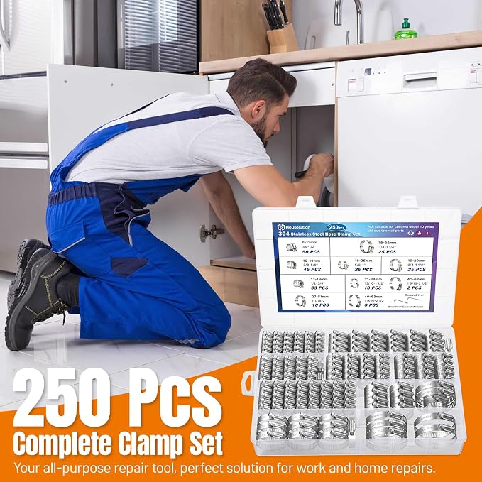 Housolution 250 PCS Pipe Clamps from 1/4" to 2.5" (6-63mm) with Clamp Tool