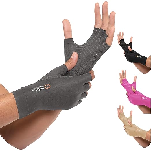 Copper Compression Arthritis Gloves | Fingerless Arthritis Carpal Tunnel Pain Relief for Men & Women | Hand Support Wrist Brace for Neuropathy, Rheumatoid, Tendonitis, Swelling, Typing Grey XL