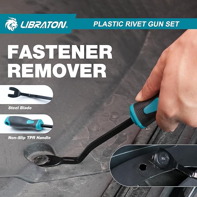 LIBRATON Plastic Rivet Gun Kit, 90 Degree Angle Hand Riveter with 40 Nylon Rivets (4 Sizes), Universal Nosepiece for Automotive/Electronics, Ergonomic & 50% Lighter Force