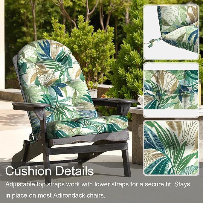 LVTXIII 2 Pack Outdoor Adirondack Chair Cushions, 44x19x4 Inch Water Repellent Patio Cushions for Rocking Chairs, Thick Tufted High Back Seat Cushion Set, Lush Leaf Green